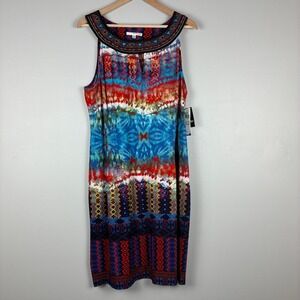 Studio I Women XL Multicolor Beaded Neck Boho Resort Midi Dress Festival Travel